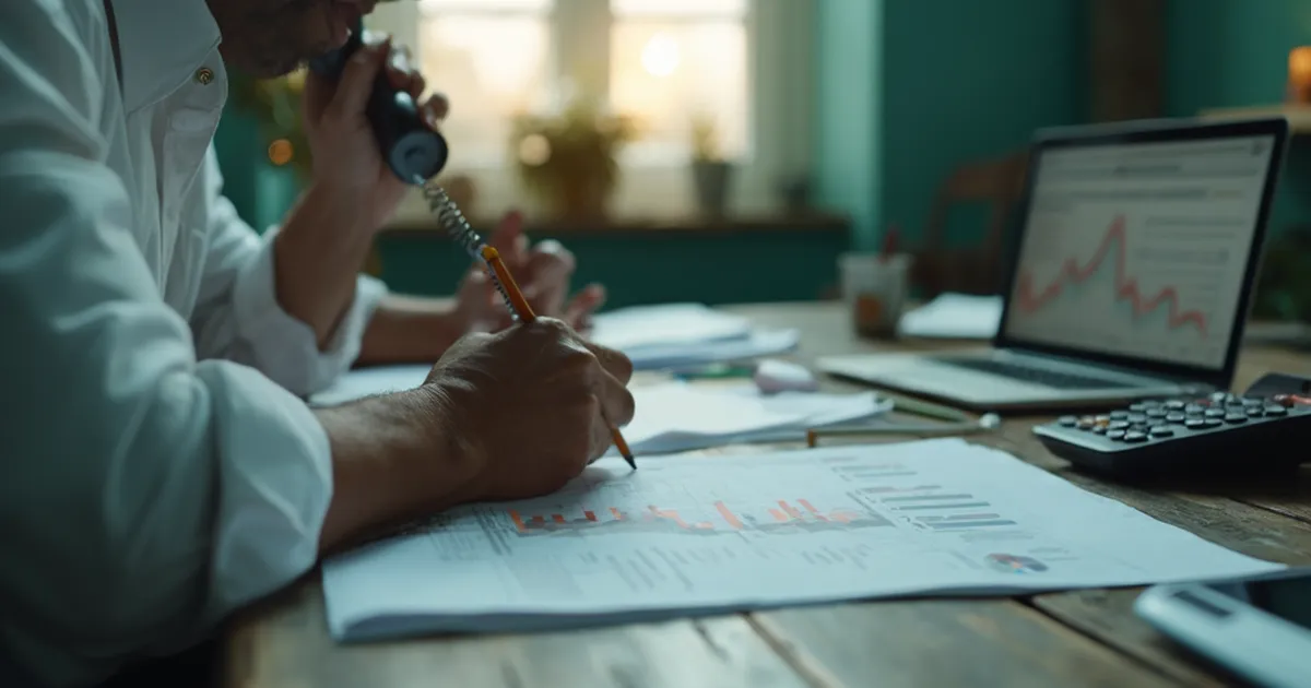 Una persona del área comercial de crudo revisa hojas impresas mientras habla por teléfono en su escritorio de trabajo.