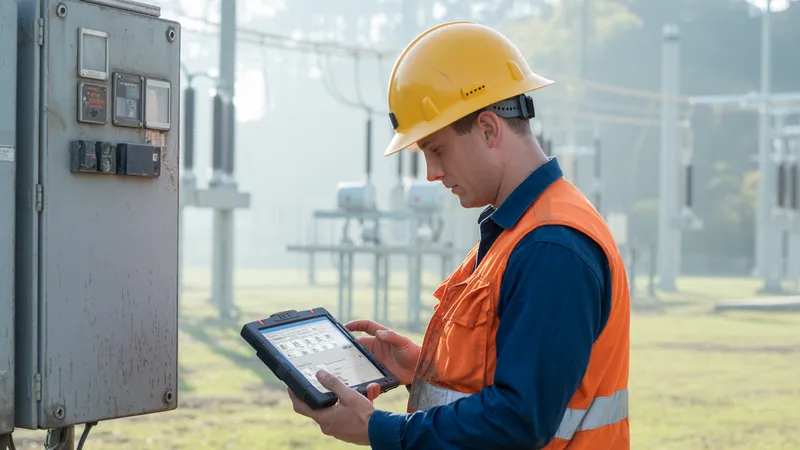 Técnico de campo de utilities consultando una tablet con interfaz Fiori junto a un panel de distribución eléctrica