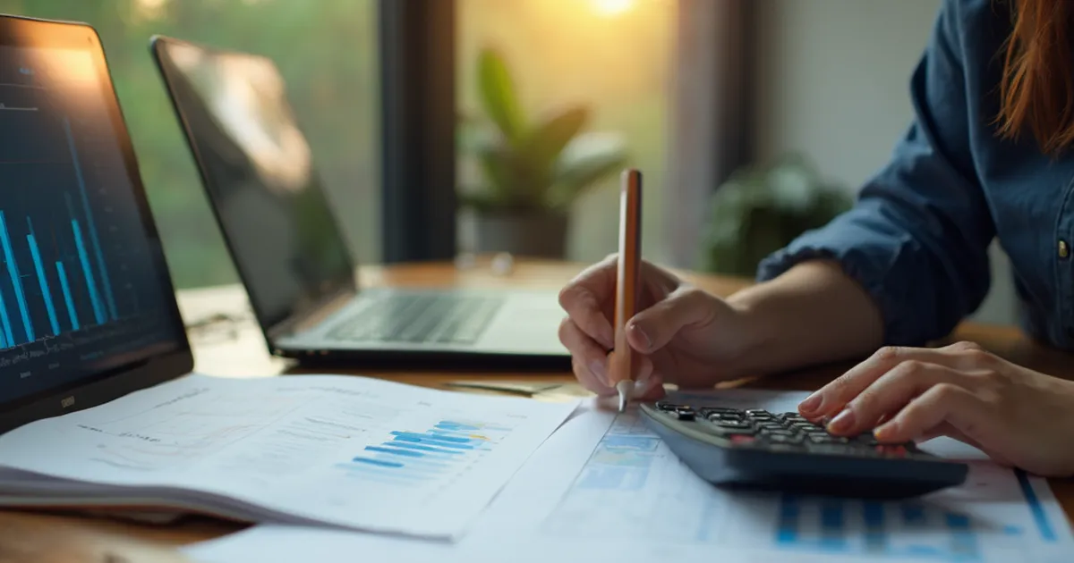 Analista de pérdidas de una distribuidora revisando una proyección impresa con una calculadora financiera bajo luz de tarde