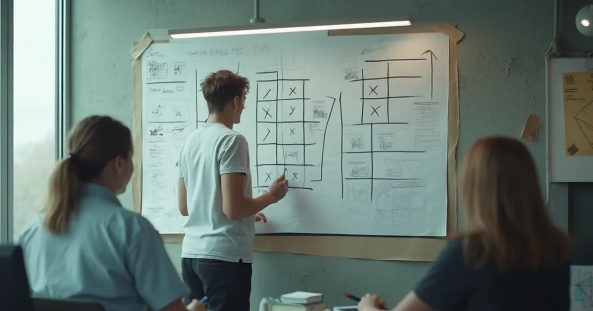 Una persona del área de operaciones marca una casilla en un gran diagrama de papel pegado en la pared de una oficina, mientras dos compañeros sentados observan.
