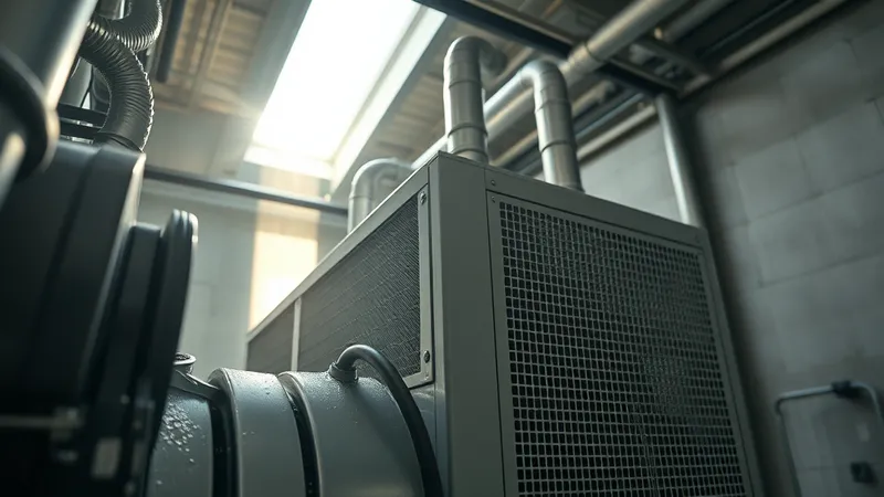 Compresor de refrigeración industrial operando en una cámara fría, con luz solar de mediodía entrando por un tragaluz al fondo