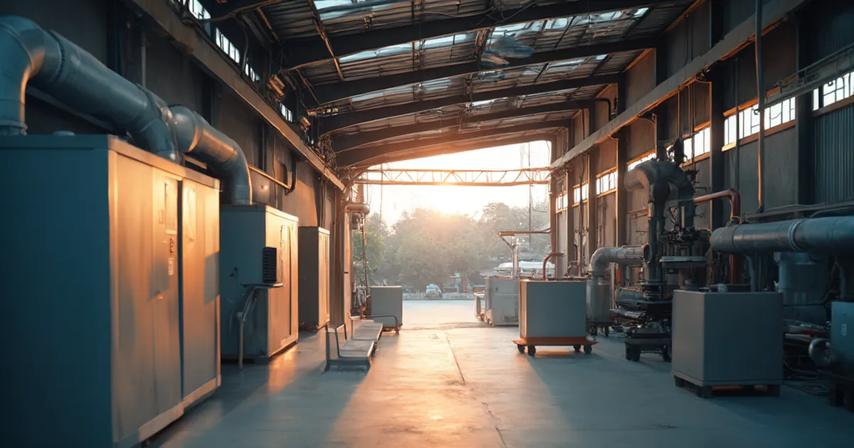 Bodega industrial chilena con techo cubierto de paneles solares y compresores de refrigeración visibles al fondo, luz de mediodía entrando por tragaluces
