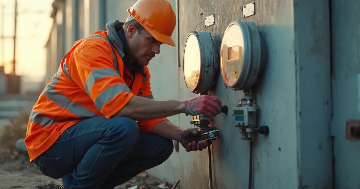 Técnico de medición revisa dos medidores eléctricos independientes instalados lado a lado en el muro de concreto de una planta industrial