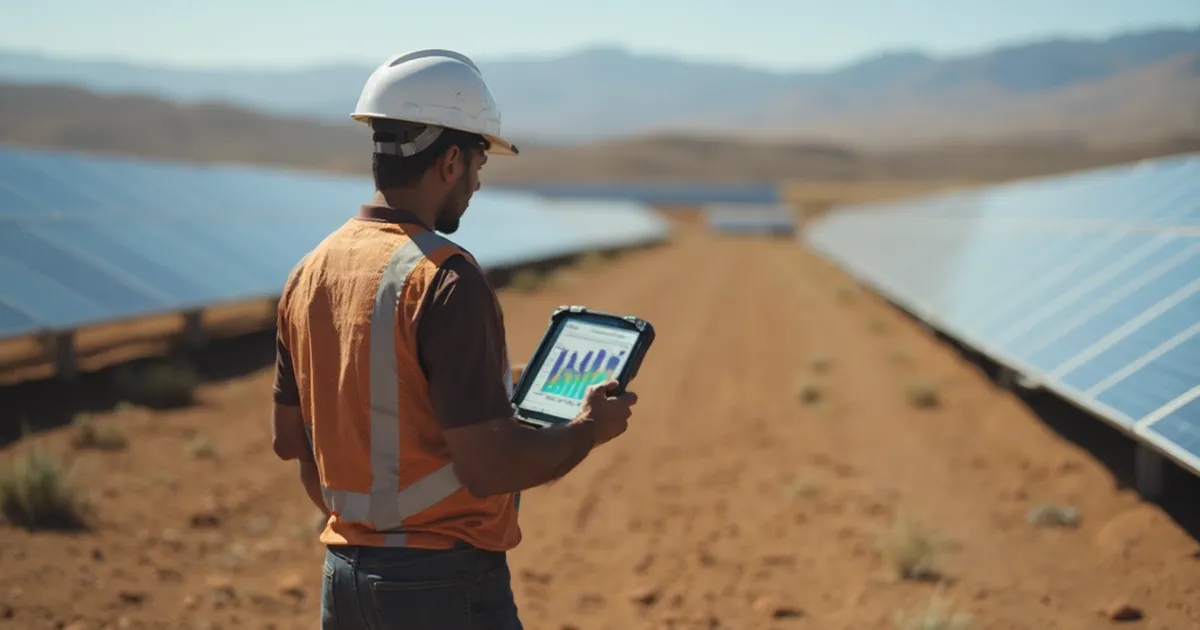 Ingeniera de terreno recorre las hileras de un parque solar de mediana escala en zona rural chilena
