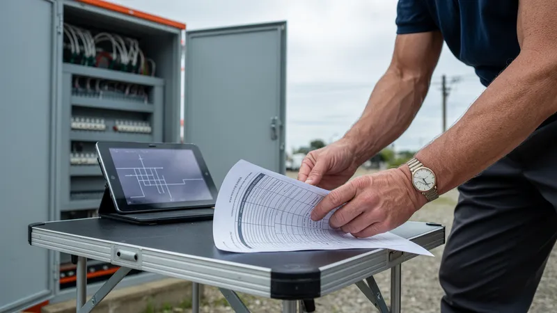 Ingeniero de distribución revisando en terreno una solicitud impresa de conexión junto a un gabinete de distribución eléctrica abierto