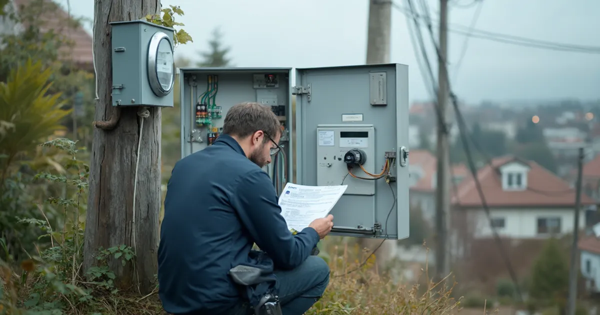 Medidor bidireccional instalado en poste de distribución eléctrica urbana bajo cielo despejado