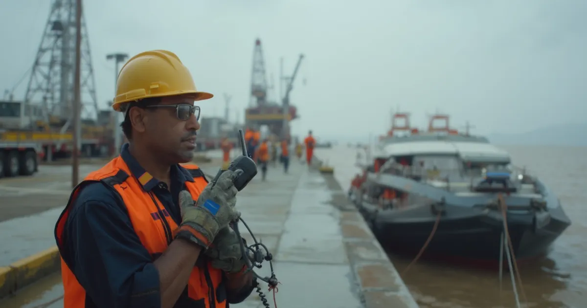 Una persona del área de logística coordina embarcaciones de trabajo en un muelle.