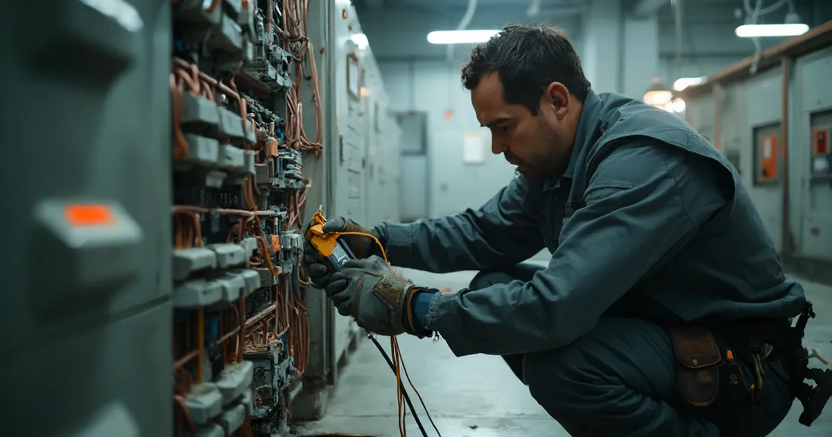 Un electricista de mantenimiento, arrodillado frente a un tablero eléctrico abierto, sujeta una pinza amperimétrica sobre uno de los cables de alimentación. Alrededor se ven las filas de interruptores y las barras de cobre del tablero, en un cuarto técnico de paredes de concreto iluminado con luz fría.