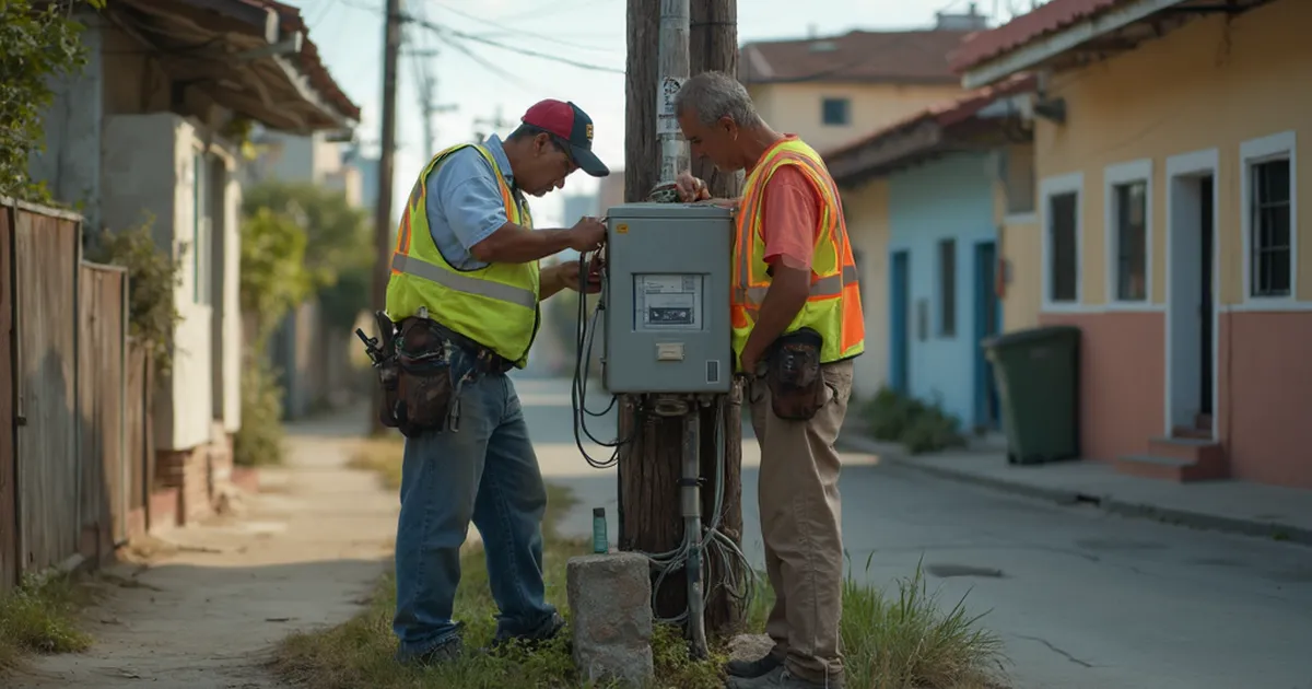Cuadrilla técnica instalando un gabinete de telemedición en la base de un transformador de distribución en una calle residencial