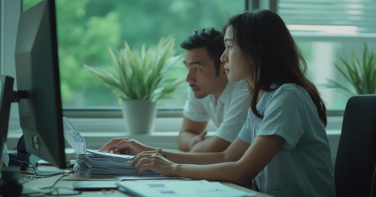 Analista de facturación en el piso comercial de una empresa de servicios revisa un lote impreso de lecturas junto a una laptop, mientras un supervisor se inclina a escuchar.