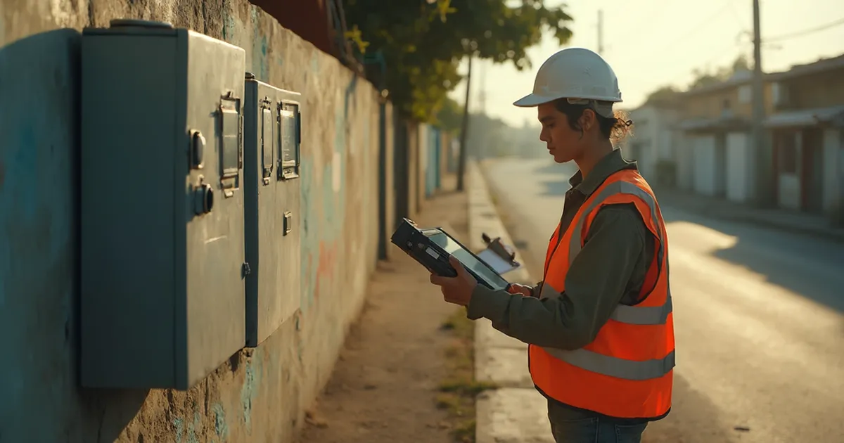 Lector de medidores con dispositivo portátil de captura recorre una calle residencial con medidores visibles en las fachadas