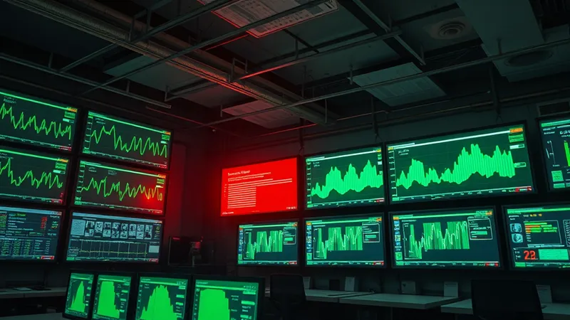 Sala de monitoreo de una red de integración de datos en penumbra, con paneles de estado en verde y una sola alerta roja destacando entre ellos.