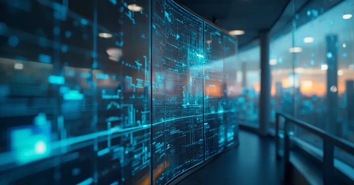 Panel de control de una empresa de servicios públicos mostrando conexiones de datos abstractas al amanecer