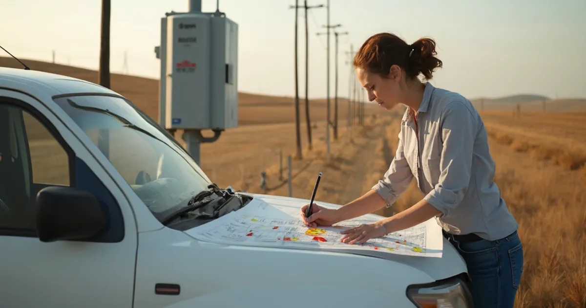 Analista de regulación de una distribuidora eléctrica marca con lápiz una zona sobre un mapa impreso extendido en el capó de una camioneta, junto a un transformador de poste rural.