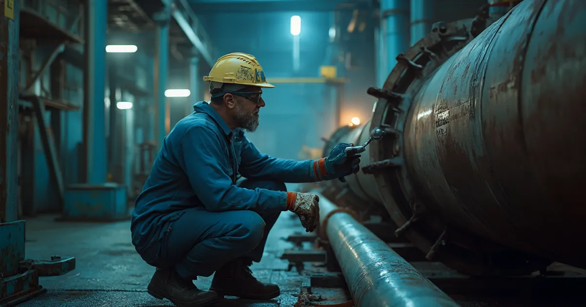 Una persona del área de inspección técnica revisa equipos en una instalación industrial de proceso.