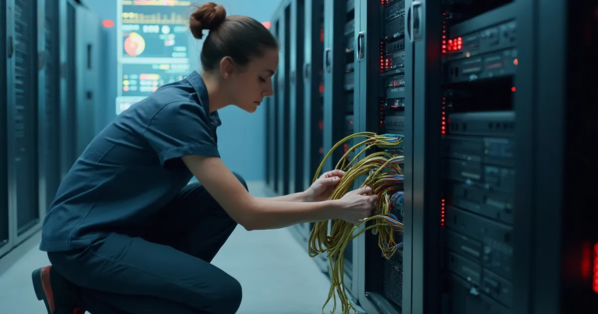 Técnica de red arrodillada junto a un rack semipoblado en una sala de servidores de utility, siguiendo cables de parcheo de colores con un probador en la mano