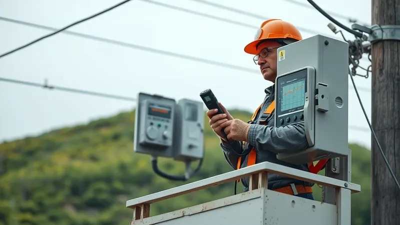 Técnico de campo verificando el enlace del concentrador AMI en un poste de distribución