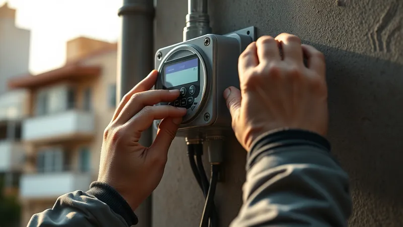 Manos de un técnico revisando el módulo de comunicación de un medidor inteligente montado en una pared exterior
