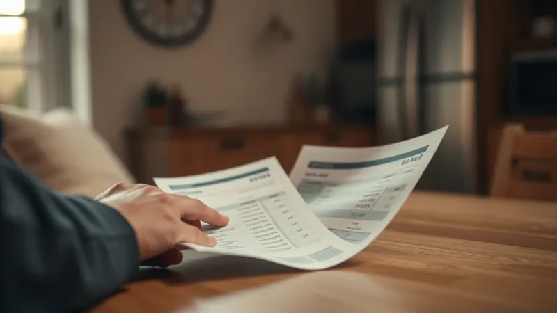 Manos comparando dos facturas de electricidad en papel sobre una mesa de cocina