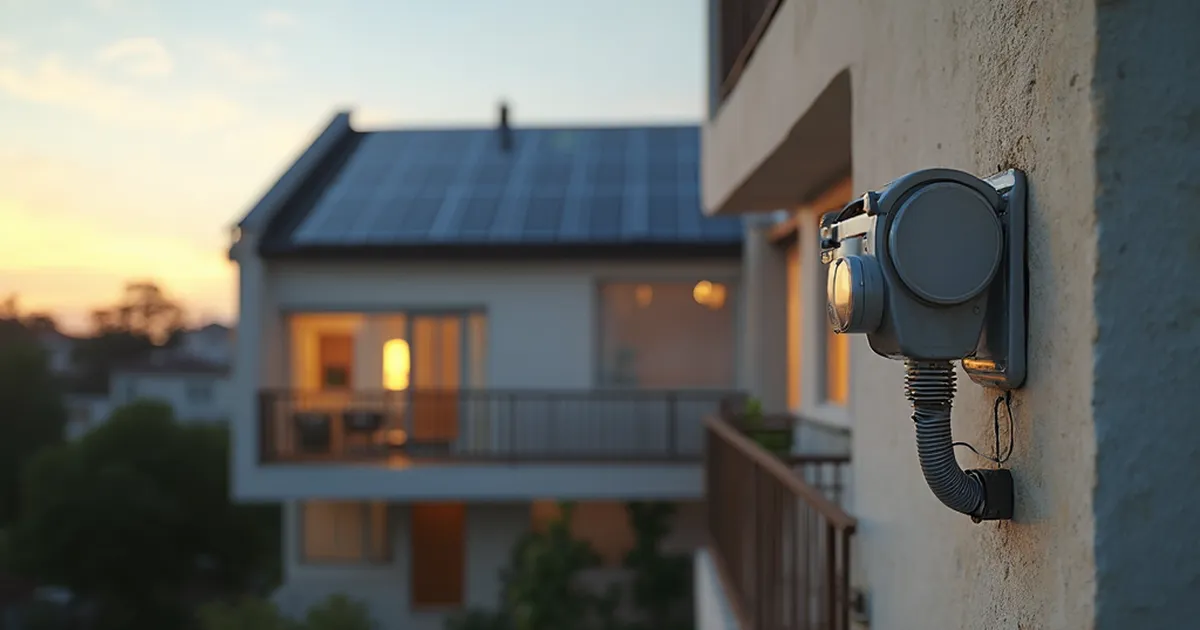 Techo residencial con paneles solares y medidor bidireccional en la fachada de una vivienda