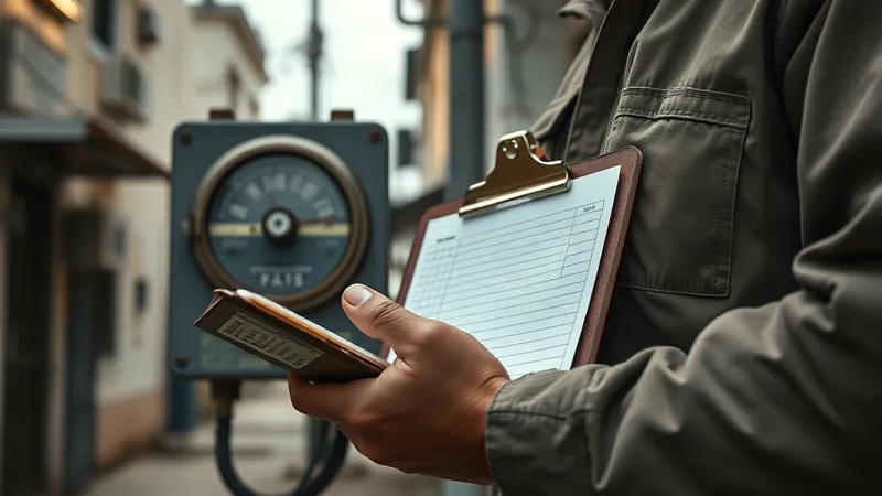 Técnico con una planilla de lecturas junto a un medidor eléctrico electromecánico convencional