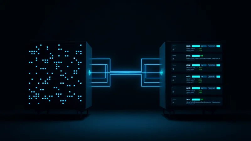 Visual de marca que representa la migración controlada de datos desde un sistema heredado hacia un sistema moderno mediante un único conducto ordenado.
