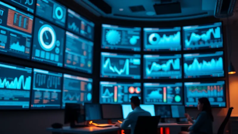 Sala de monitoreo de sistemas con pantallas mostrando paneles de desempeño técnico, representando el seguimiento continuo antes y durante un proyecto SAP