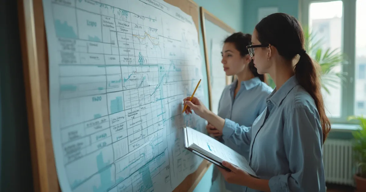 Dos personas del área de planificación de una distribuidora eléctrica revisan un mapa de red en un espacio de trabajo.