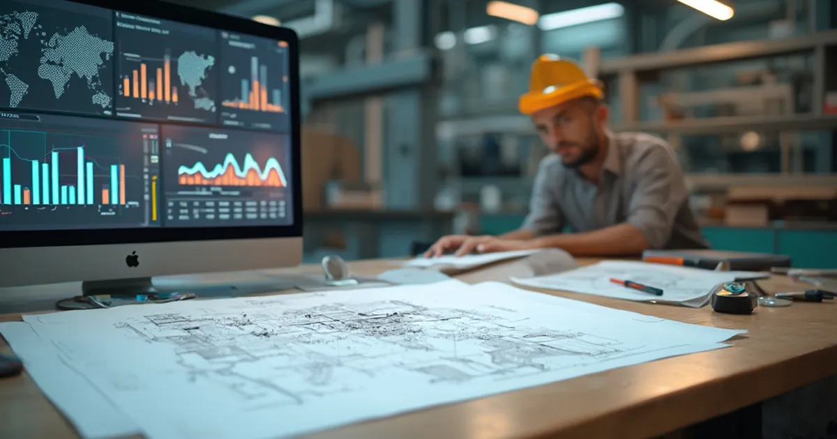 Mesa de planificación con planos técnicos enrollados y una maqueta arquitectónica de una planta industrial, luz lateral suave, ambiente de oficina de ingeniería