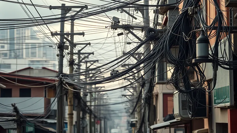 Cableado eléctrico aéreo denso y postes de servicios en un barrio urbano densamente conectado en América Latina