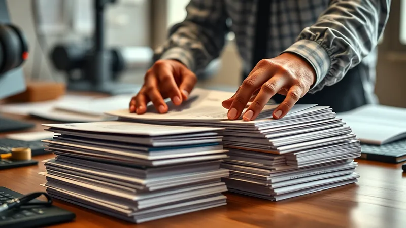 Manos de un planificador organizando tarjetas de órdenes de trabajo de campo apiladas sobre un escritorio en una oficina de una distribuidora eléctrica