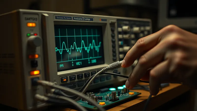 Técnico ajustando un osciloscopio de precisión conectado a una placa de pruebas mediante sondas etiquetadas, simbolizando la identificación exacta de qué probar antes de una prueba de regresión.