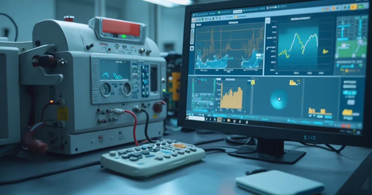 Banco de pruebas de laboratorio con instrumentos de medición conectados a un componente mecánico mediante cables ordenados, luz uniforme de laboratorio