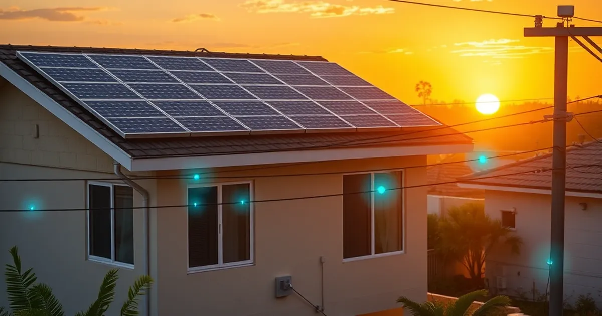 Casa con paneles solares fotovoltaicos conectada a línea de transmisión eléctrica con flujo bidireccional, atardecer institucional