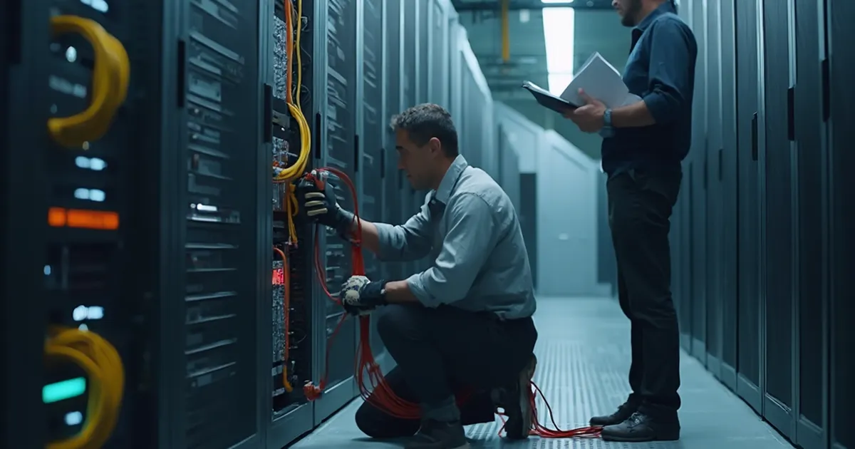 Ingeniero de sistemas revisa cableado estructurado de tres colores en un rack dentro de un pasillo frío de centro de datos