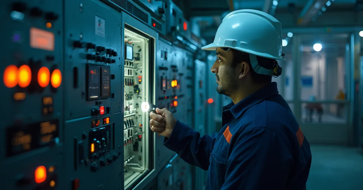Técnico electricista inspecciona un tablero de maniobra en la subestación de una refinería al anochecer