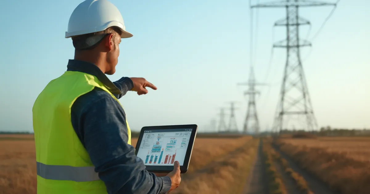 Técnico de mantenimiento revisando la estructura de ubicaciones técnicas de una subestación eléctrica en un tablet