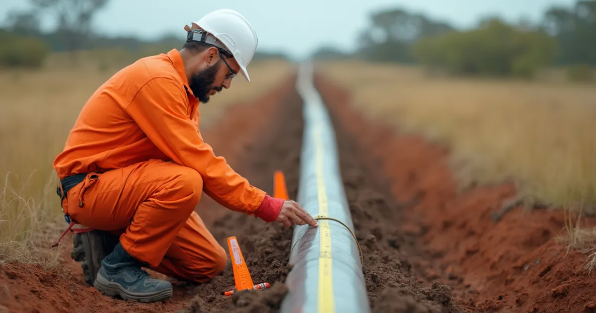 Técnico de integridad clava una bandera marcadora naranja junto a una cinta métrica extendida al lado de una tubería en campo abierto
