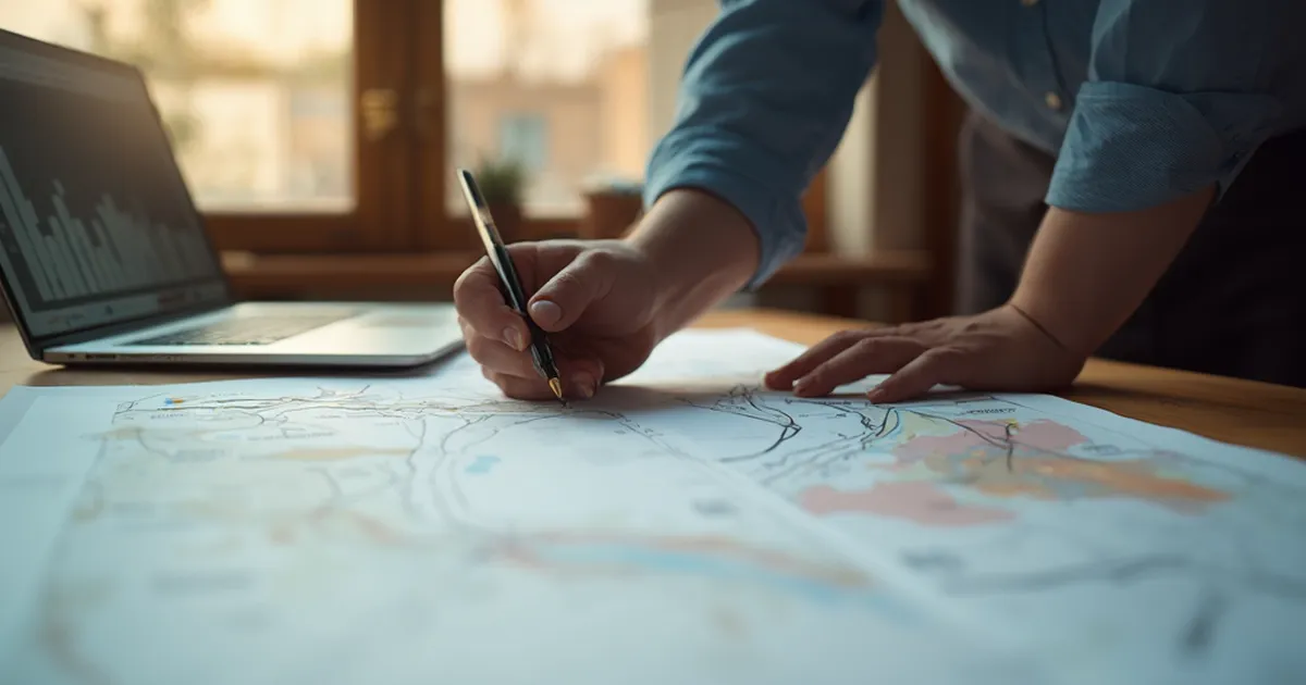 Dos personas del área de evaluación de proyectos revisan mapas impresos extendidos sobre un escritorio en un espacio de trabajo, junto a una computadora portátil.