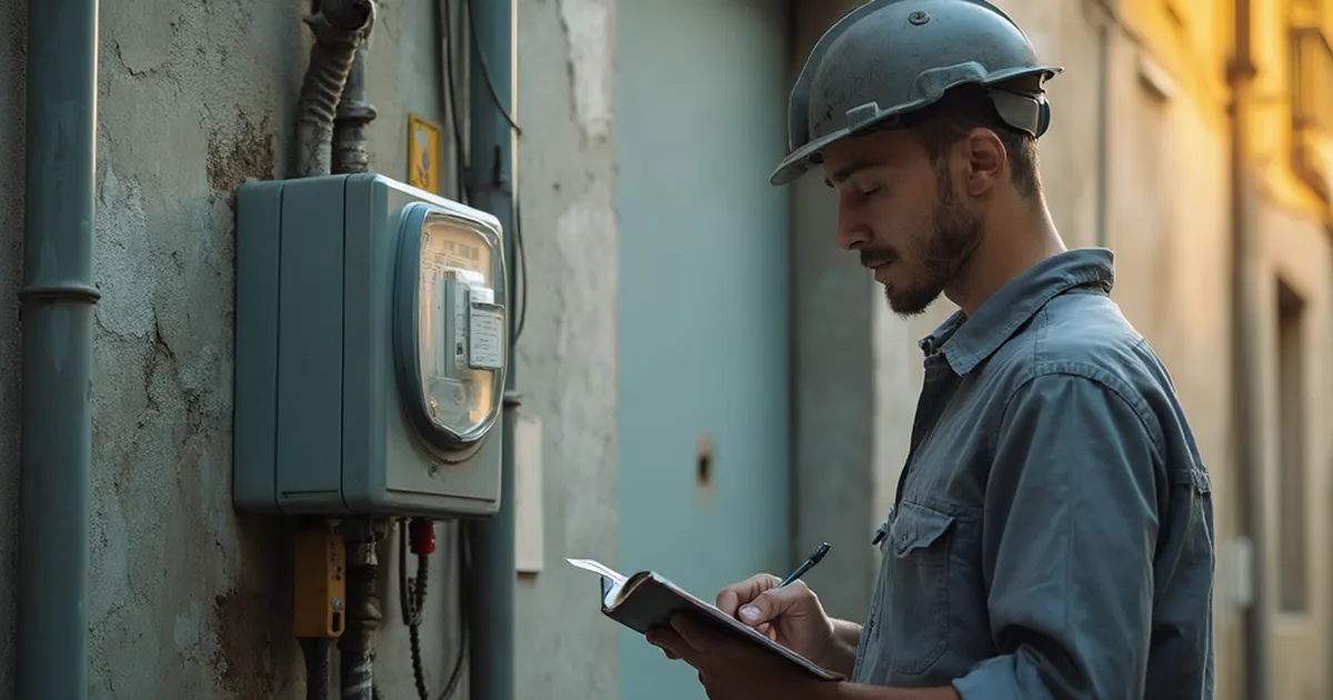 Técnico de lectura revisa un medidor electromecánico con disco giratorio en la fachada exterior de una vivienda, con luz de mañana