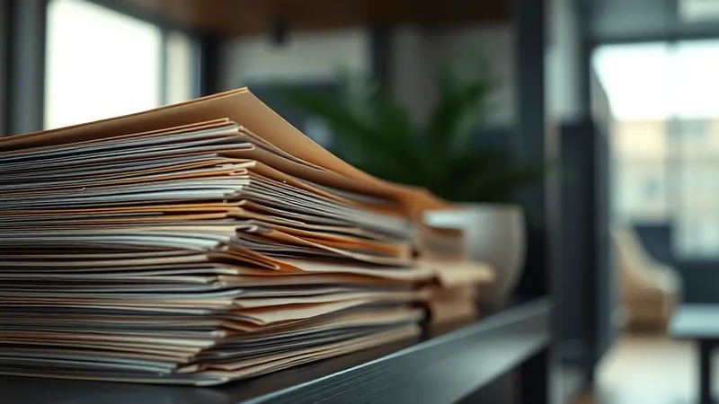 Primer plano de una pila de carpetas de archivo en un estante de oficina, con un borde curvado y amarillento por el paso del tiempo
