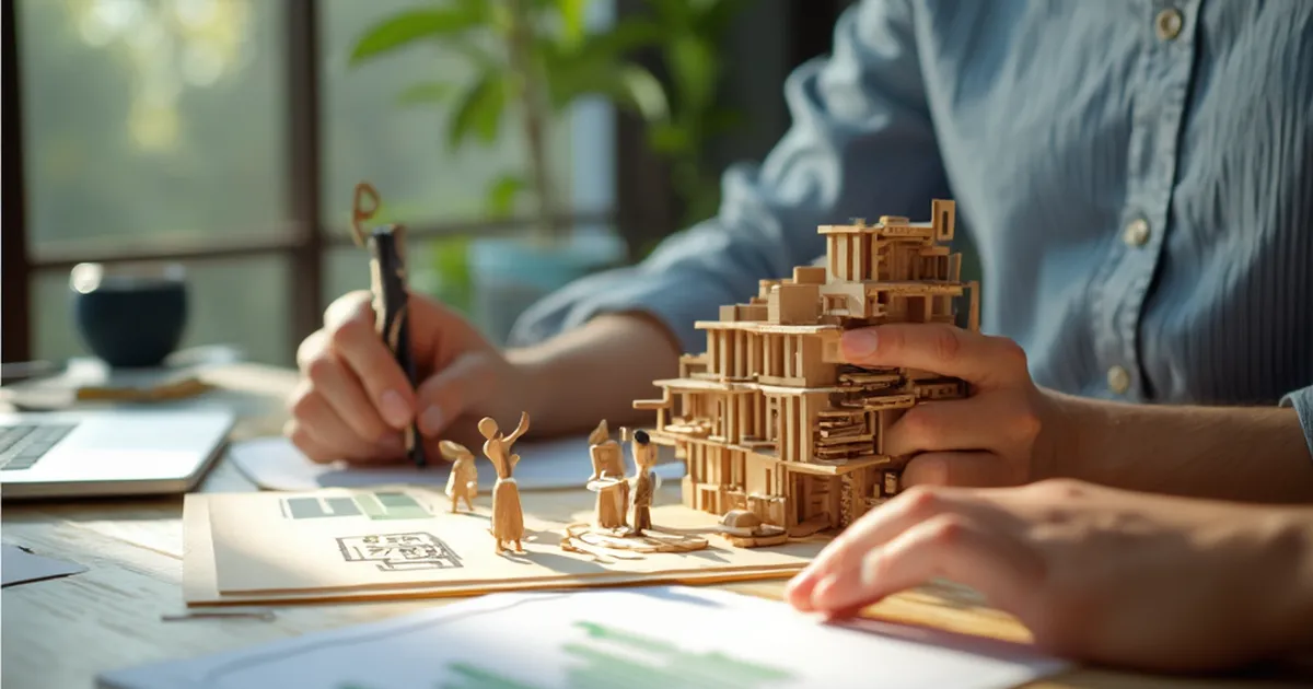 Maqueta de arquitectura en miniatura de un edificio de oficinas con figuras de madera en distintos pisos, sobre una mesa de trabajo