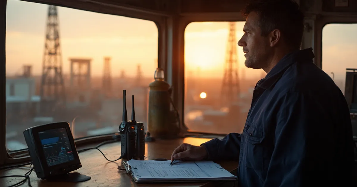 Ingeniero de operaciones revisando un registro de cambios en una consola de madera dentro de una torre de control de campo petrolero al amanecer