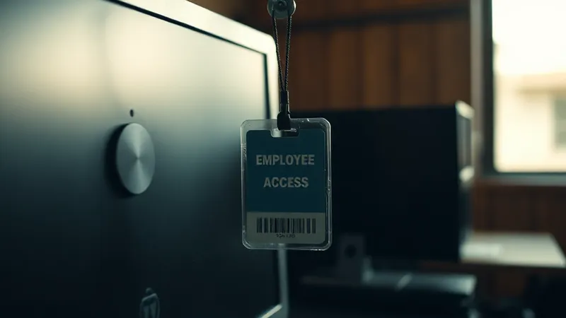 Credencial de acceso de empleado colgada sin uso junto a un monitor de escritorio cubierto de polvo en un rincón de oficina back-office.