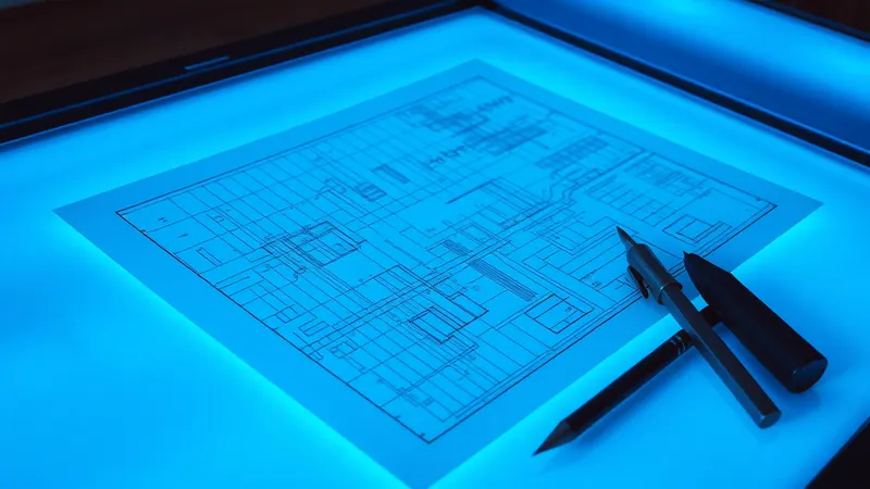 Dos planos técnicos superpuestos sobre una mesa de luz, representando dos versiones distintas de una misma estructura