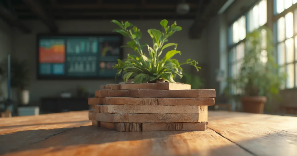 Sala de juntas con una maqueta de arquitectura industrial sobre la mesa, mostrando dos capas superpuestas de una misma estructura