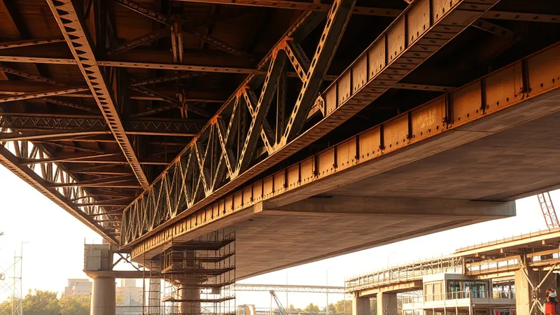 Puente de acero antiguo reforzado por debajo con una nueva estructura de concreto en construcción, luz cálida de atardecer