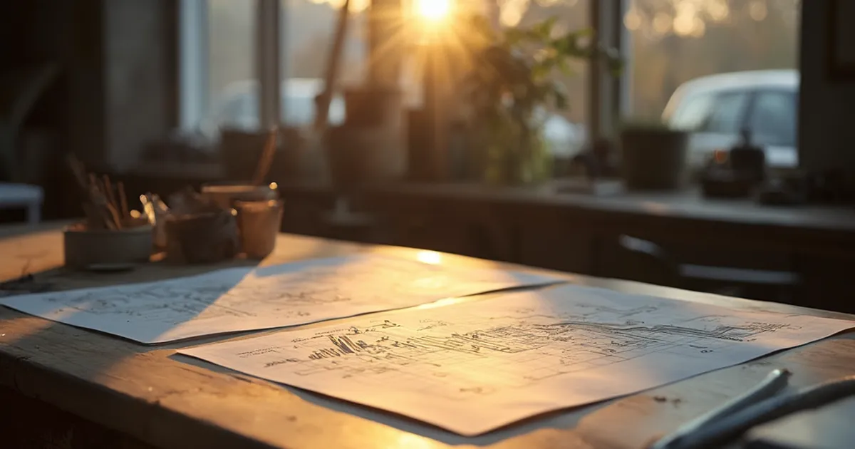 Taller de ingeniería con dos planos técnicos superpuestos sobre una mesa de dibujo, uno con trazos antiguos y otro con líneas más limpias