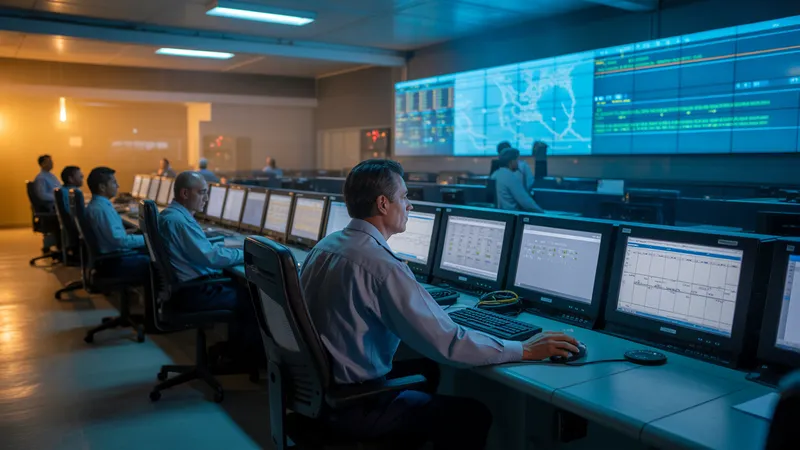 Sala de control de distribución eléctrica en América Latina con operadores monitoreando datos de red en tiempo real