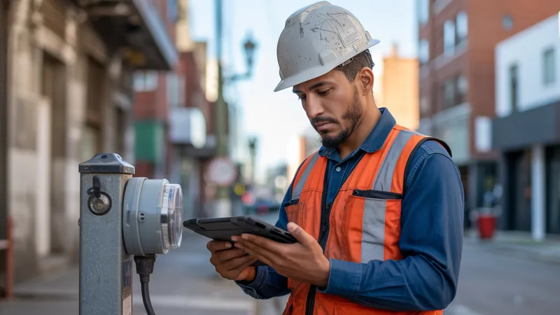 Técnico de campo de utility en América Latina consultando datos en tablet junto a medidor inteligente instalado en zona urbana